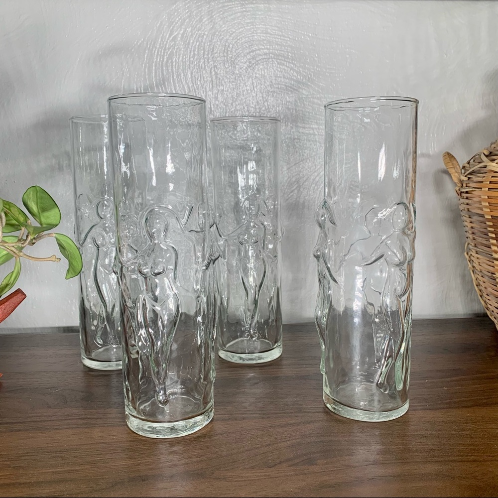 Set of 4 Vintage Libbey La Femme 1970s Dancing Nude Woman Glasses 8.75"